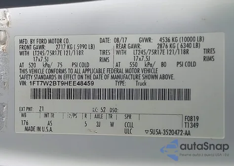2017 Ford F-250 Xl from USA, damaged, VIN 1FT7W2BT9HEE48459